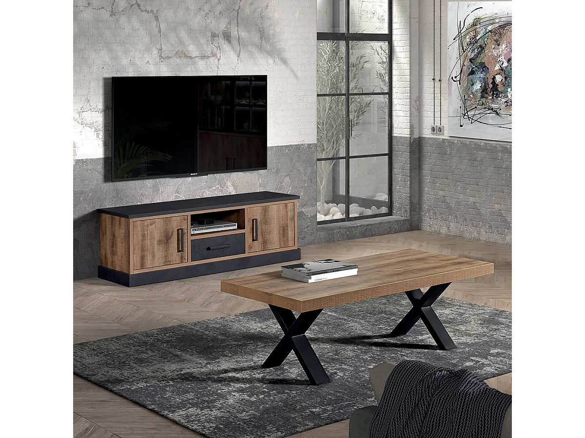 JENNA - Meuble TV 2 Portes Aspect Bois et Métal Poudré Noir