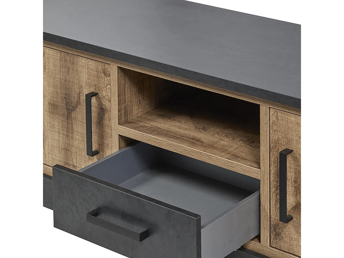 JENNA - Meuble TV 2 Portes Aspect Bois et Métal Poudré Noir