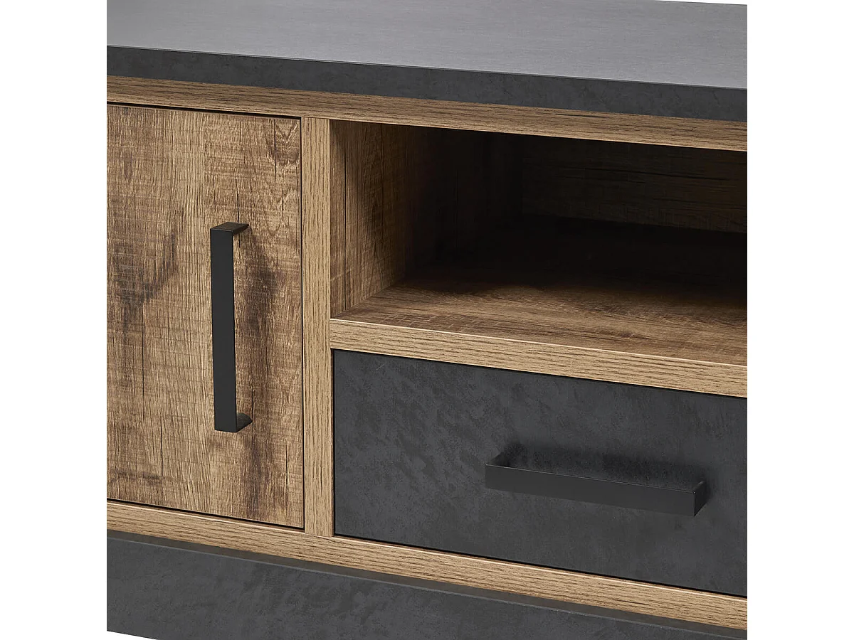 JENNA - Meuble TV 2 Portes Aspect Bois et Métal Poudré Noir