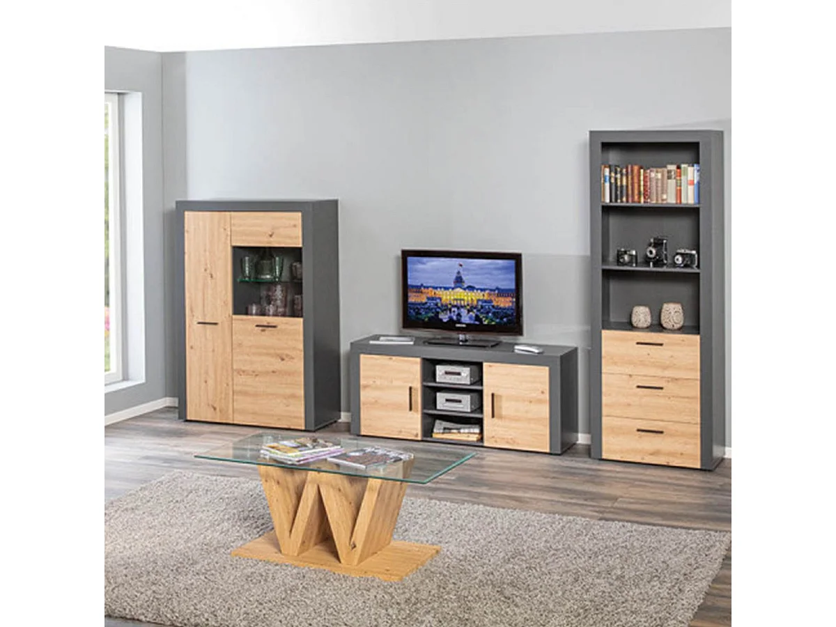 OCTOBER - Meuble TV 2 Portes 3 Niches Gris et Effet Bois