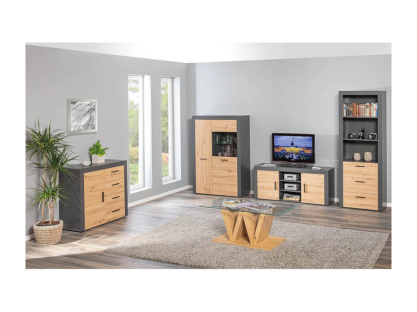 OCTOBER - Meuble TV 2 Portes 3 Niches Gris et Effet Bois