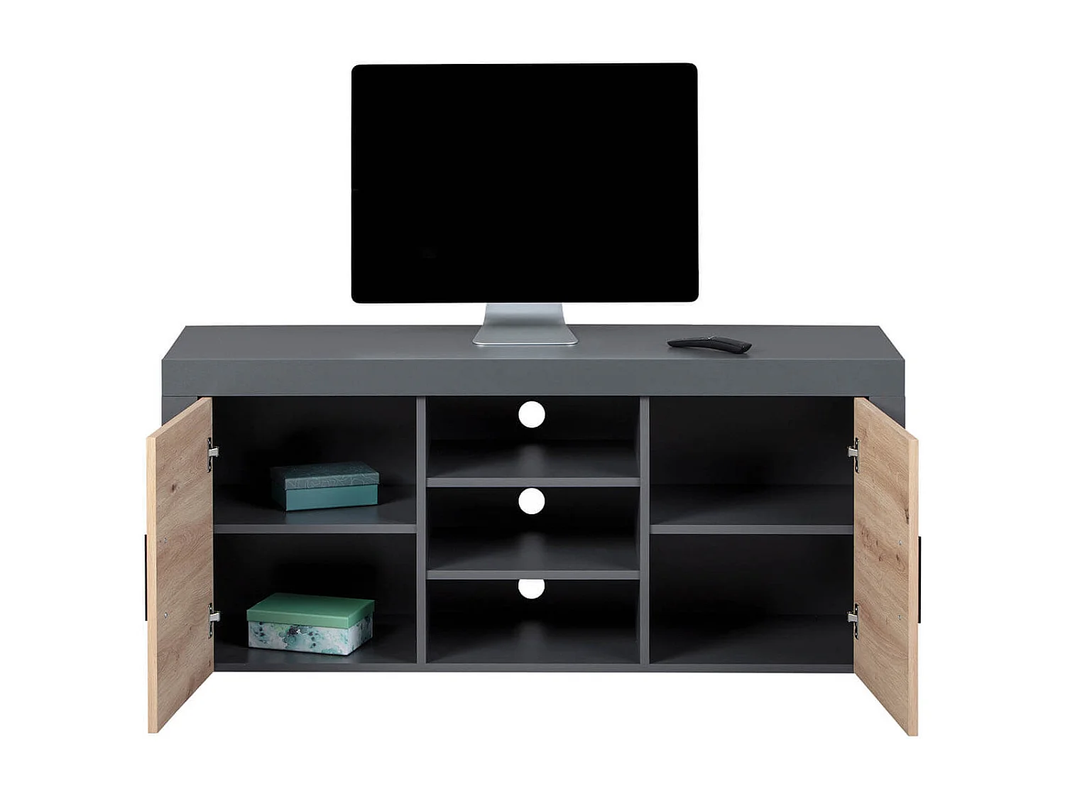 OCTOBER - Meuble TV 2 Portes 3 Niches Gris et Effet Bois