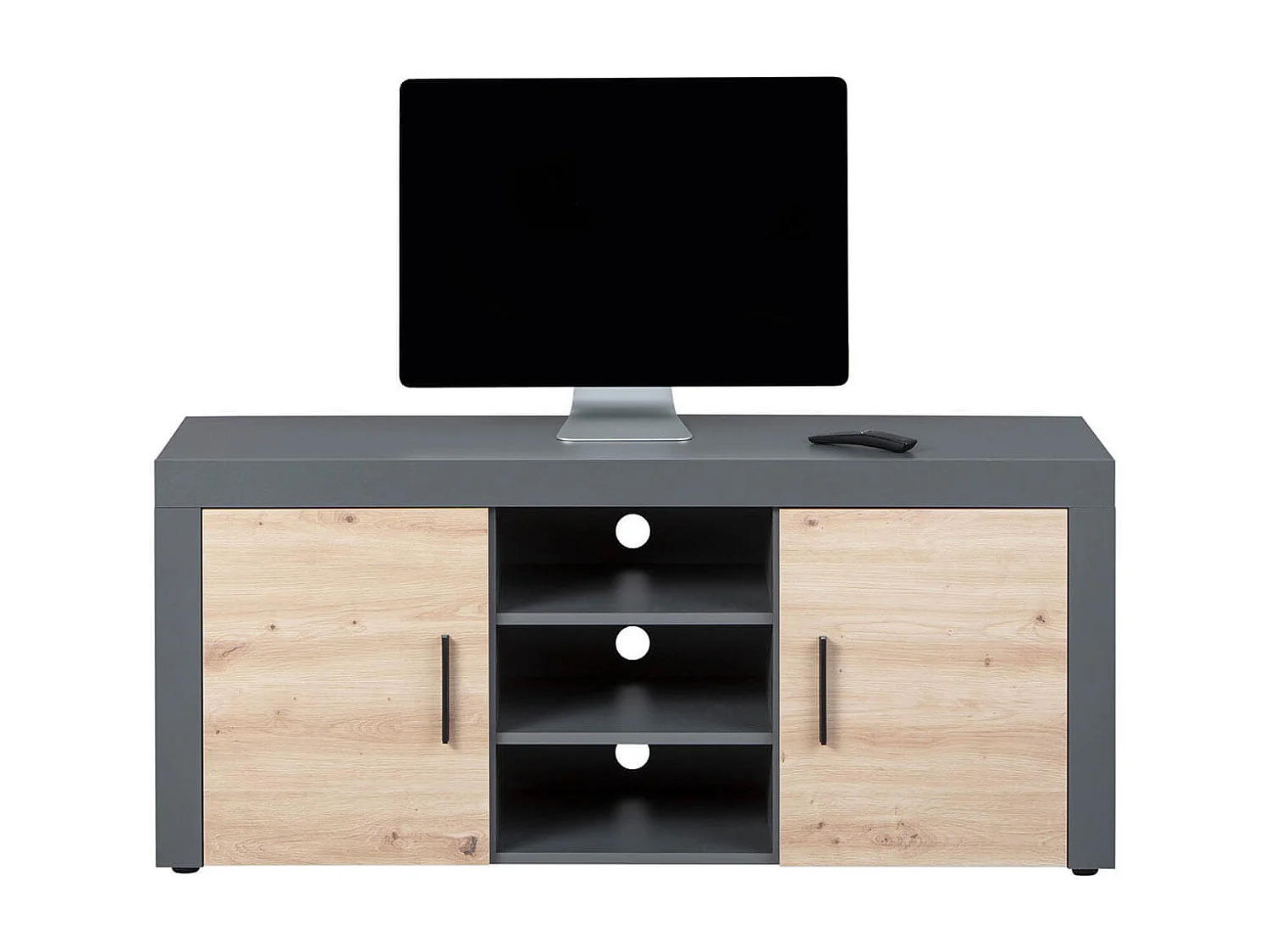 OCTOBER - Meuble TV 2 Portes 3 Niches Gris et Effet Bois