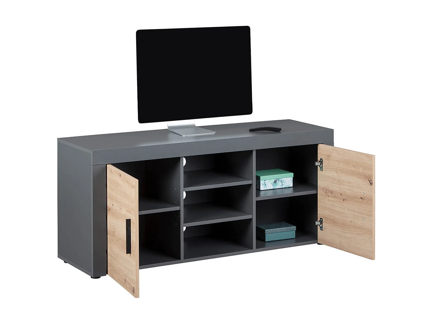 OCTOBER - Meuble TV 2 Portes 3 Niches Gris et Effet Bois