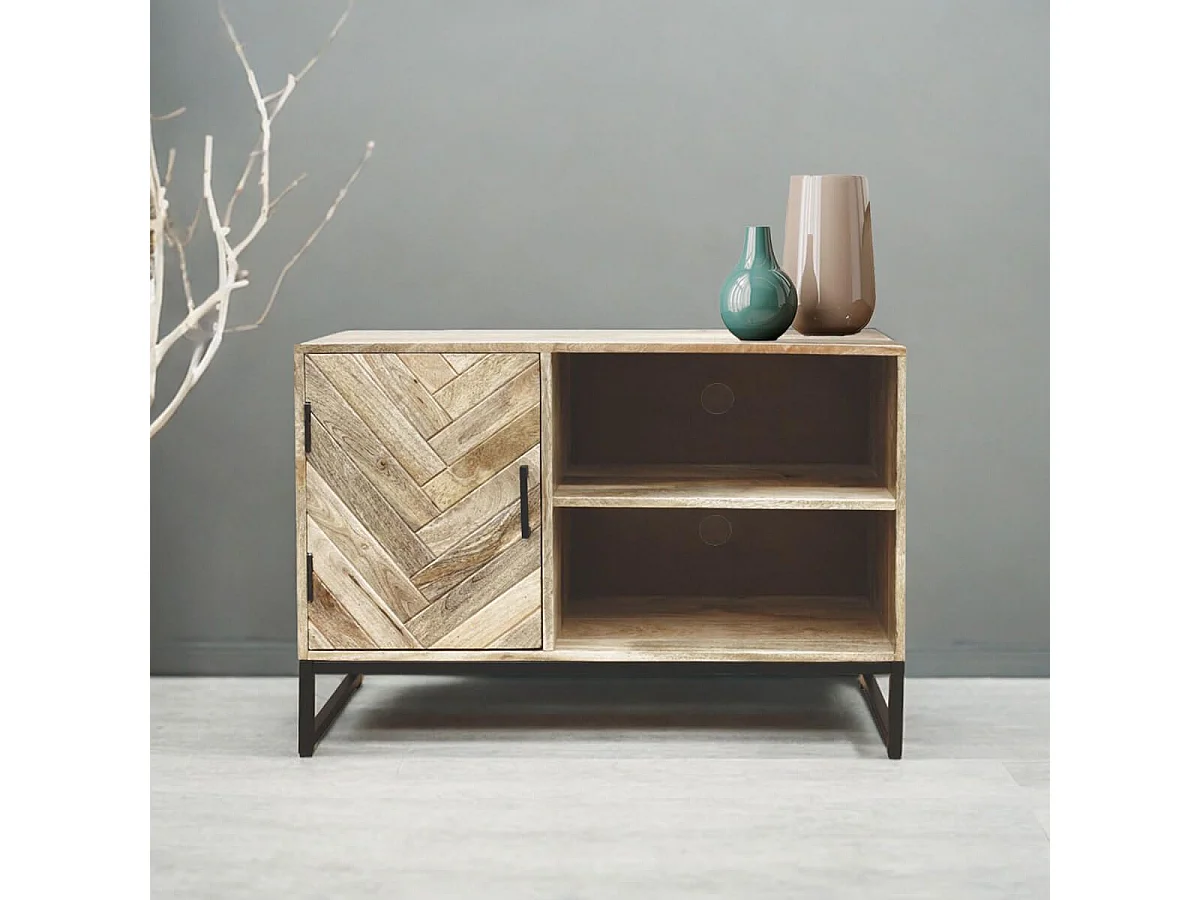 MANKO - Meuble TV 1 Porte 2 Niches en Manguier Massif