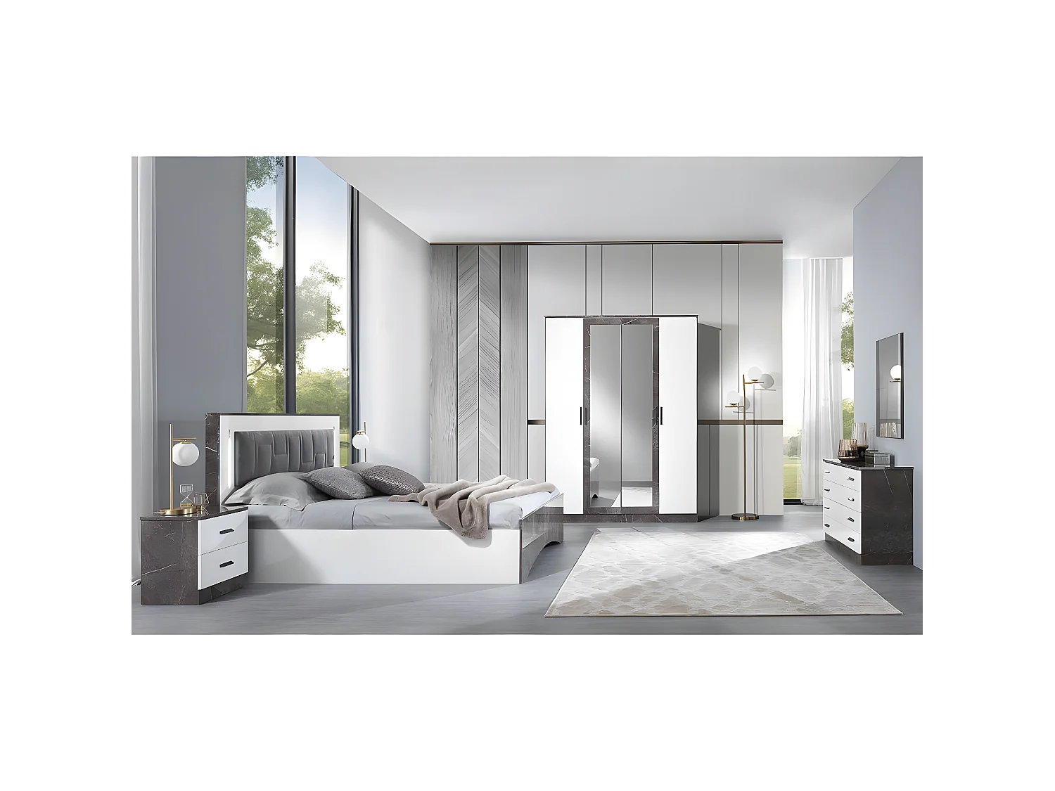 CAMELIA - Chambre Complète 160x200cm Effet Marbre et Blanc