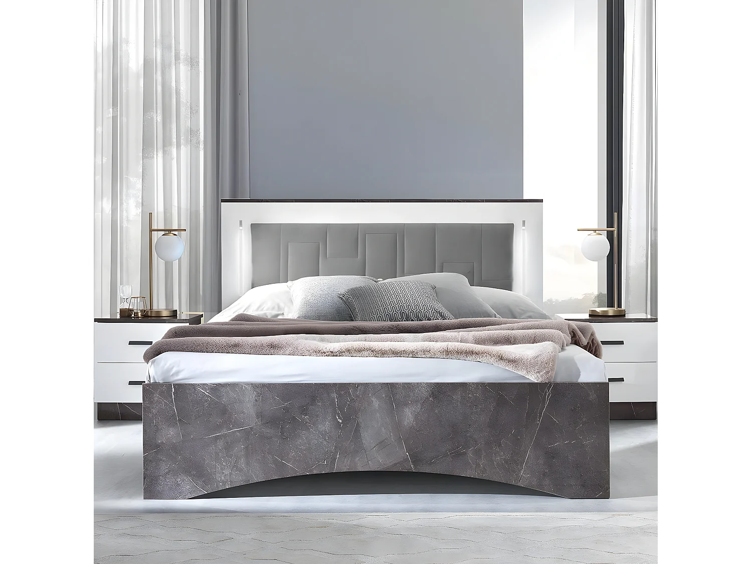 CAMELIA - Chambre Complète 160x200cm Effet Marbre et Blanc