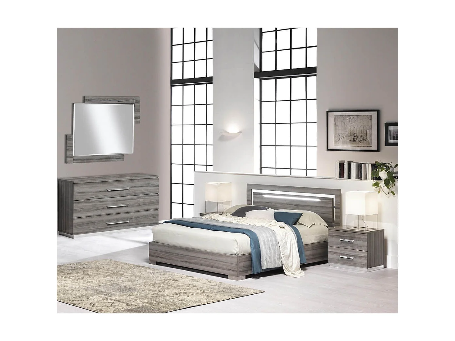 BETTY - Chambre 140x190cm avec Commode Effet Noyer Grisé et Métal Chromé