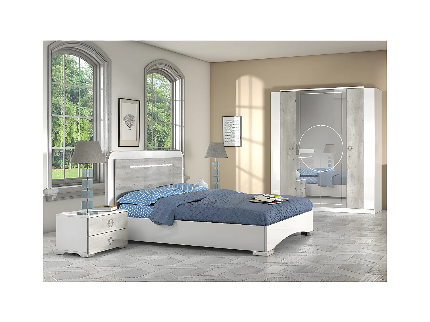 GOYA - Ensemble Lit 140x190cm + 2 Chevets + Armoire