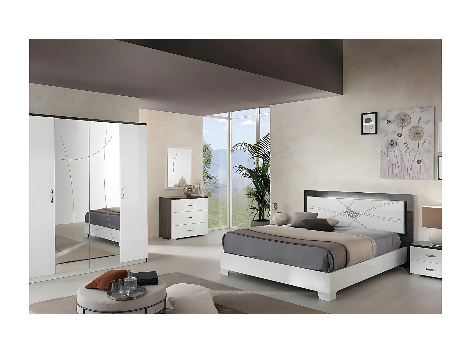 LUCIA - Chambre Complète 160x200cm Laqué Blanc et Chêne Anthracite