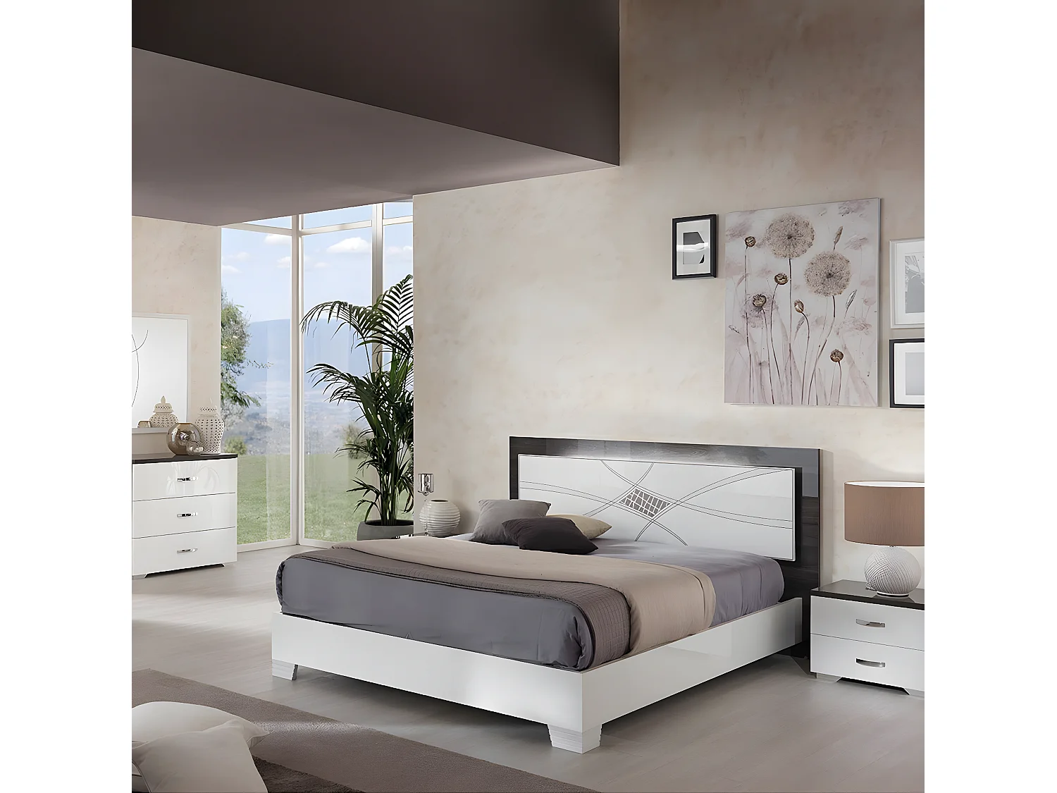 LUCIA - Chambre Complète 160x200cm Laqué Blanc et Chêne Anthracite