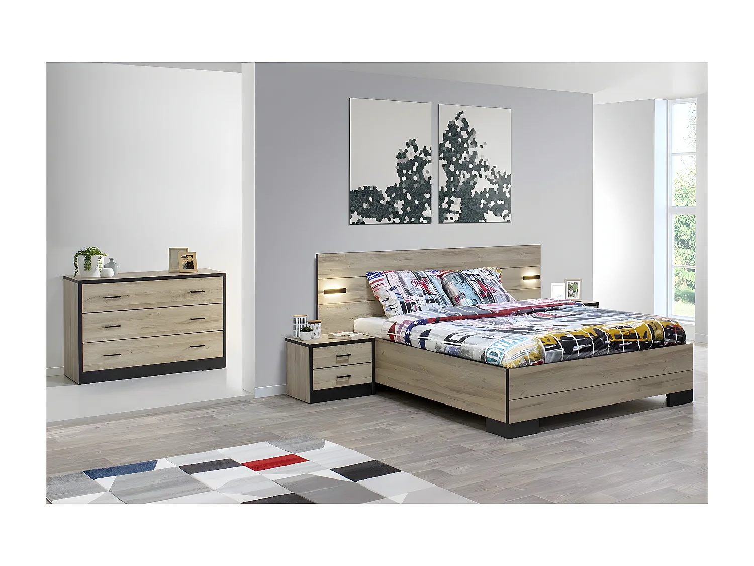 ELEOS - Chambre 160x200cm avec Commode 3 Tiroirs