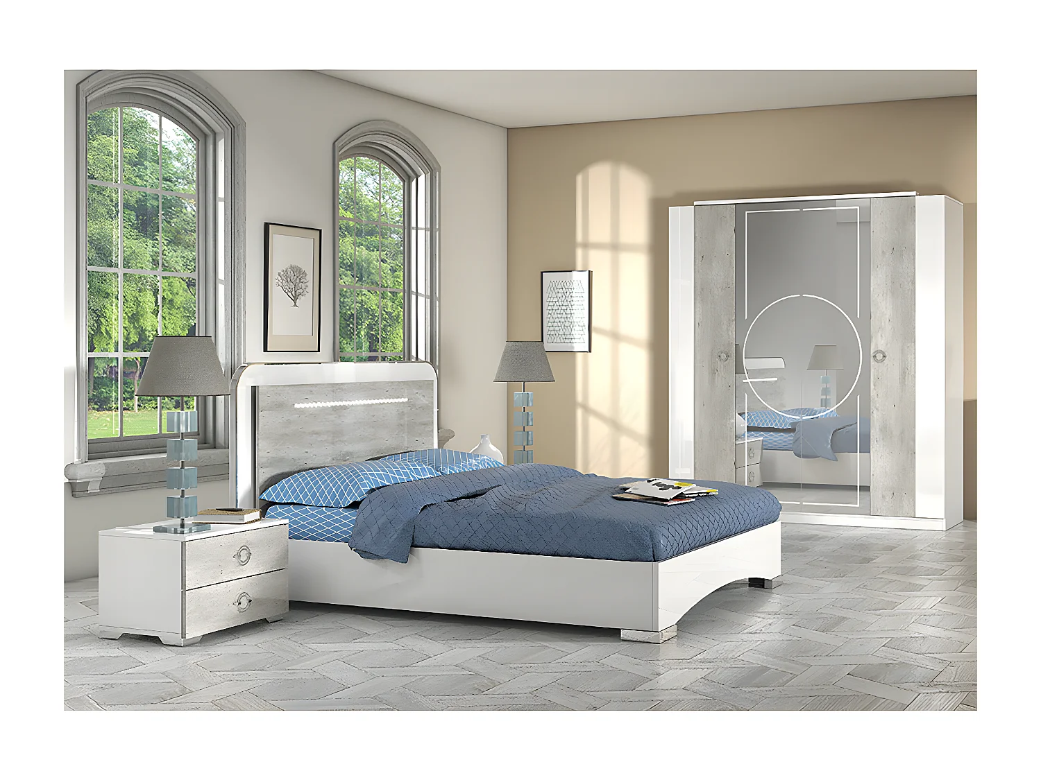 GOYA - Ensemble Lit 160x200cm + 2 Chevets + Armoire