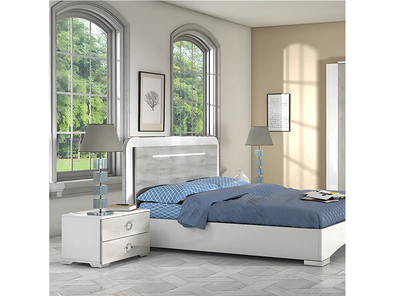 GOYA - Ensemble Lit 160x200cm + 2 Chevets + Armoire