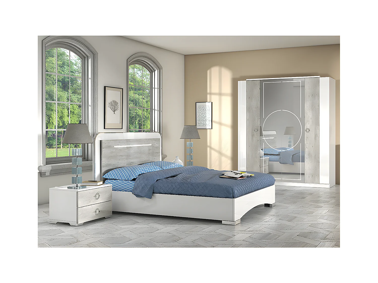 GOYA - Ensemble Lit 160x200cm + 2 Chevets + Armoire