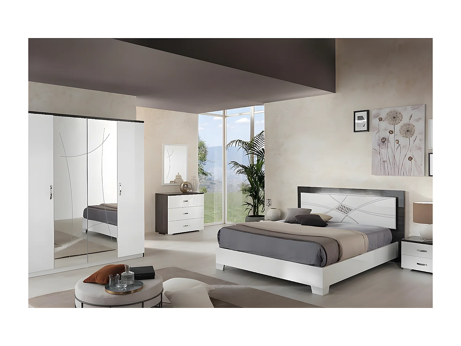 LUCIA - Chambre Complète 140x190cm Laqué Blanc et Chêne Anthracite