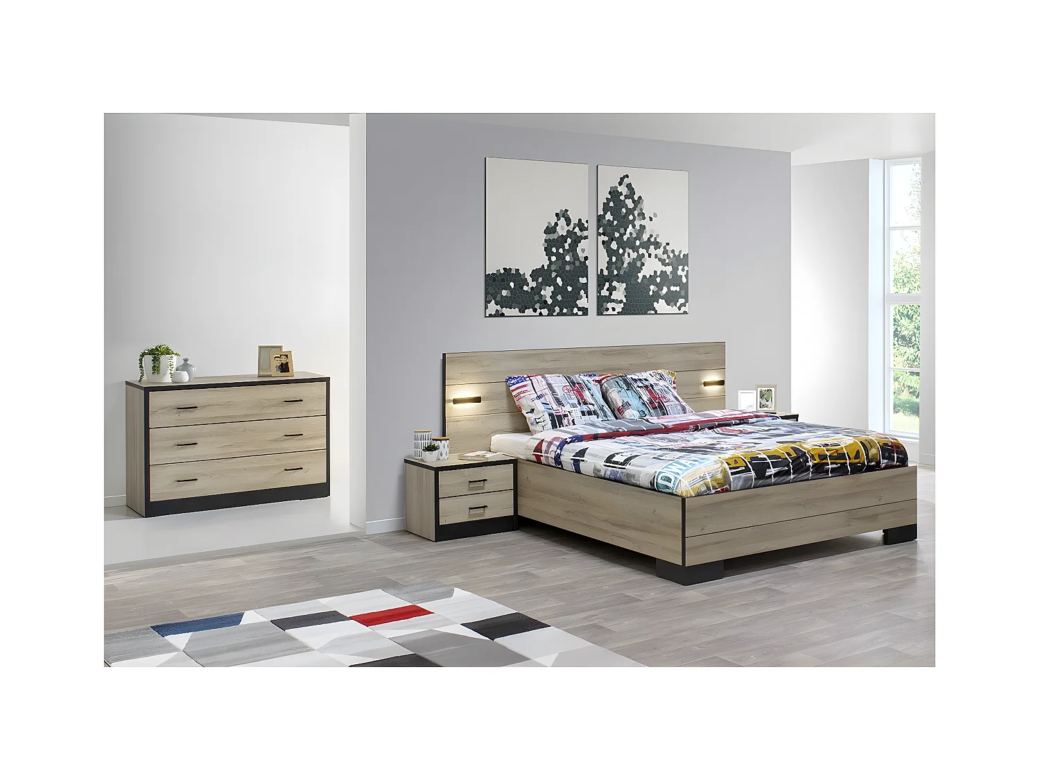 ELEOS - Chambre 140x200cm avec Commode 3 Tiroirs