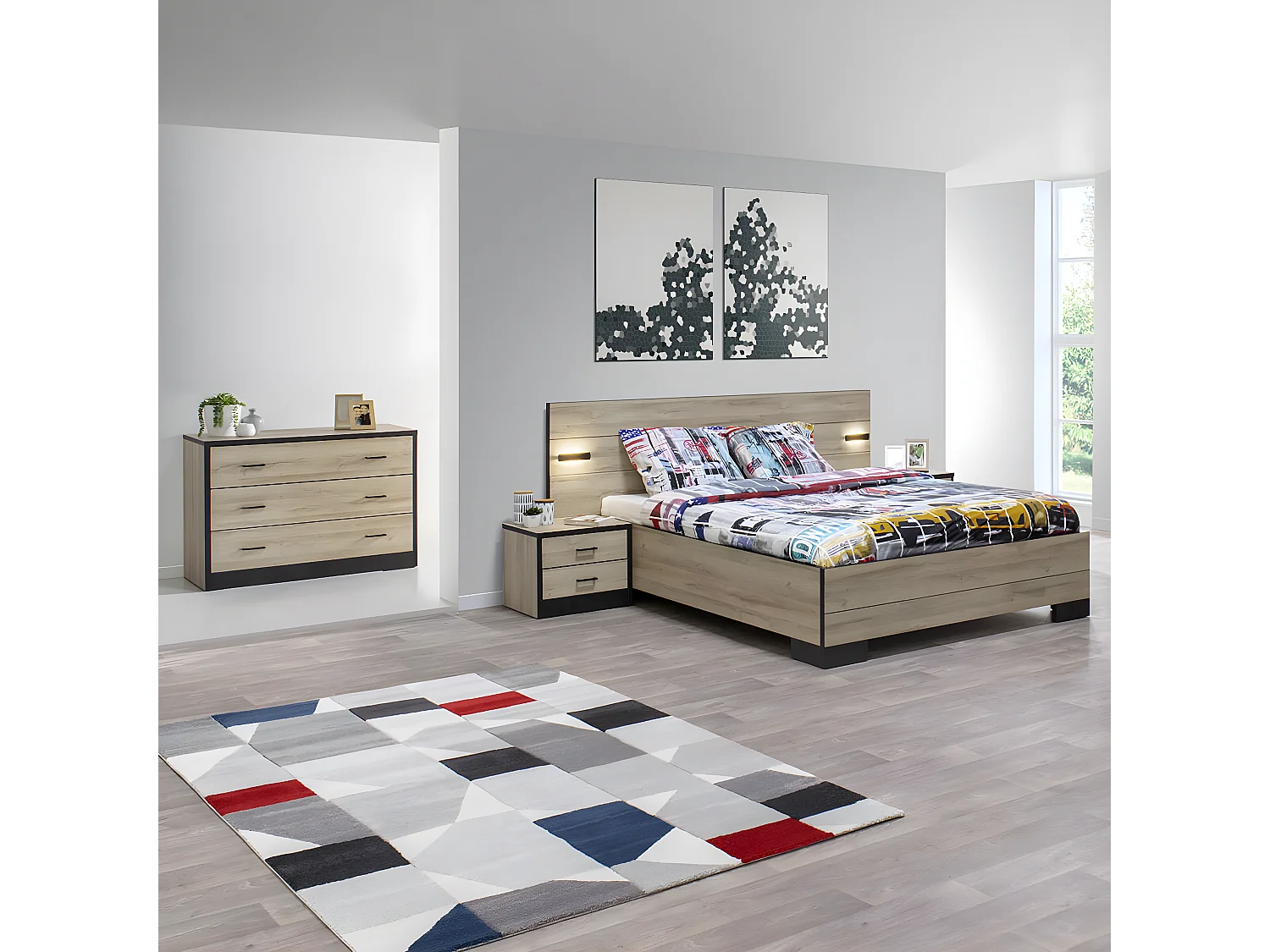 ELEOS - Chambre 140x200cm avec Commode 3 Tiroirs