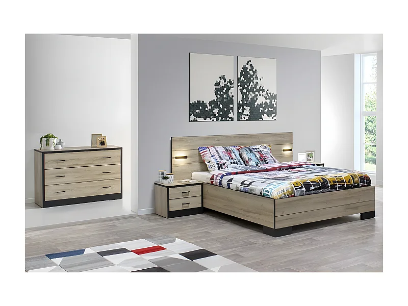 ELEOS - Chambre 140x200cm avec Commode 3 Tiroirs