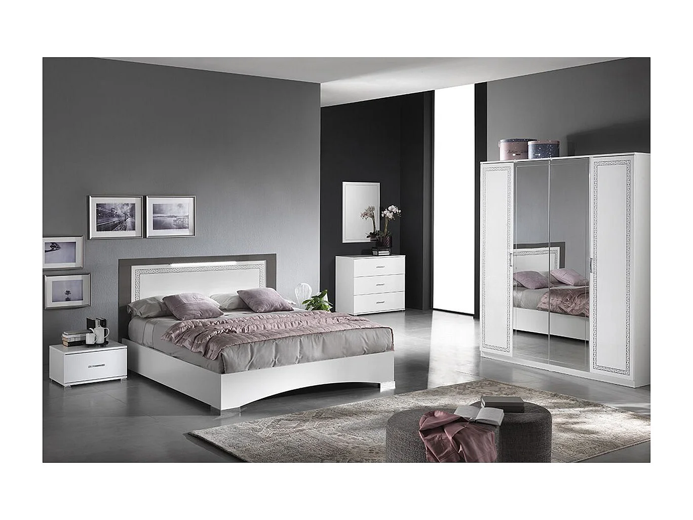 FADILY - Chambre Complète 160x200 avec Armoire 4 Portes