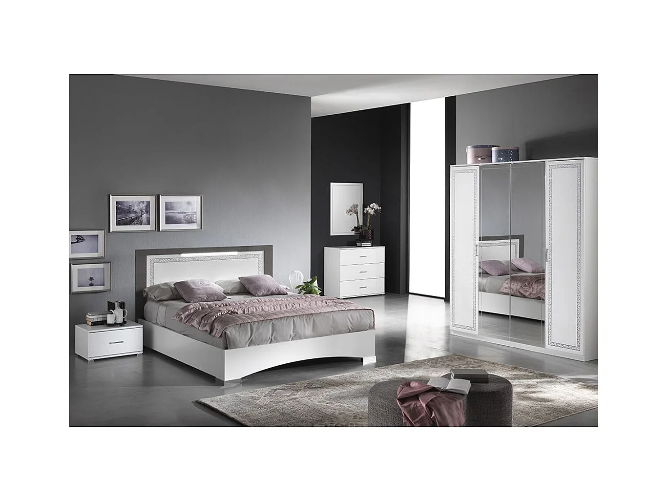 FADILY - Chambre Complète 160x200 avec Armoire 4 Portes