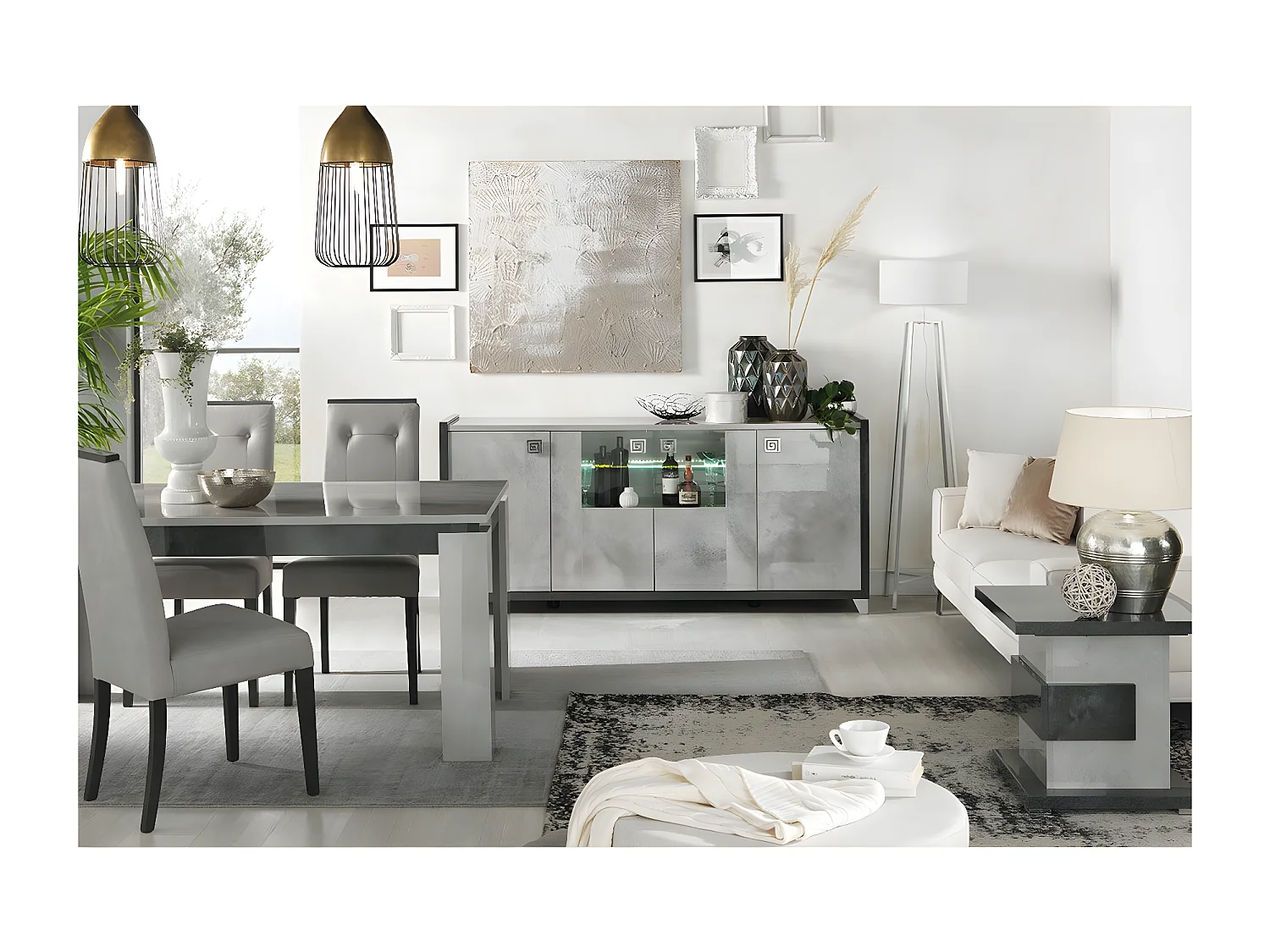 HOFFMAN - Ensemble Buffet + Table d'Appoint + Table de Repas à 4 Pieds