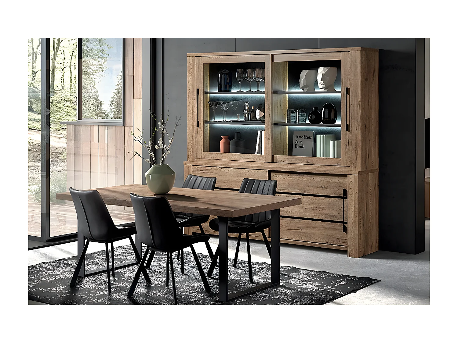 NILLA - Ensemble Buffet-Vaisselier + Table 230cm Aspect Boi
