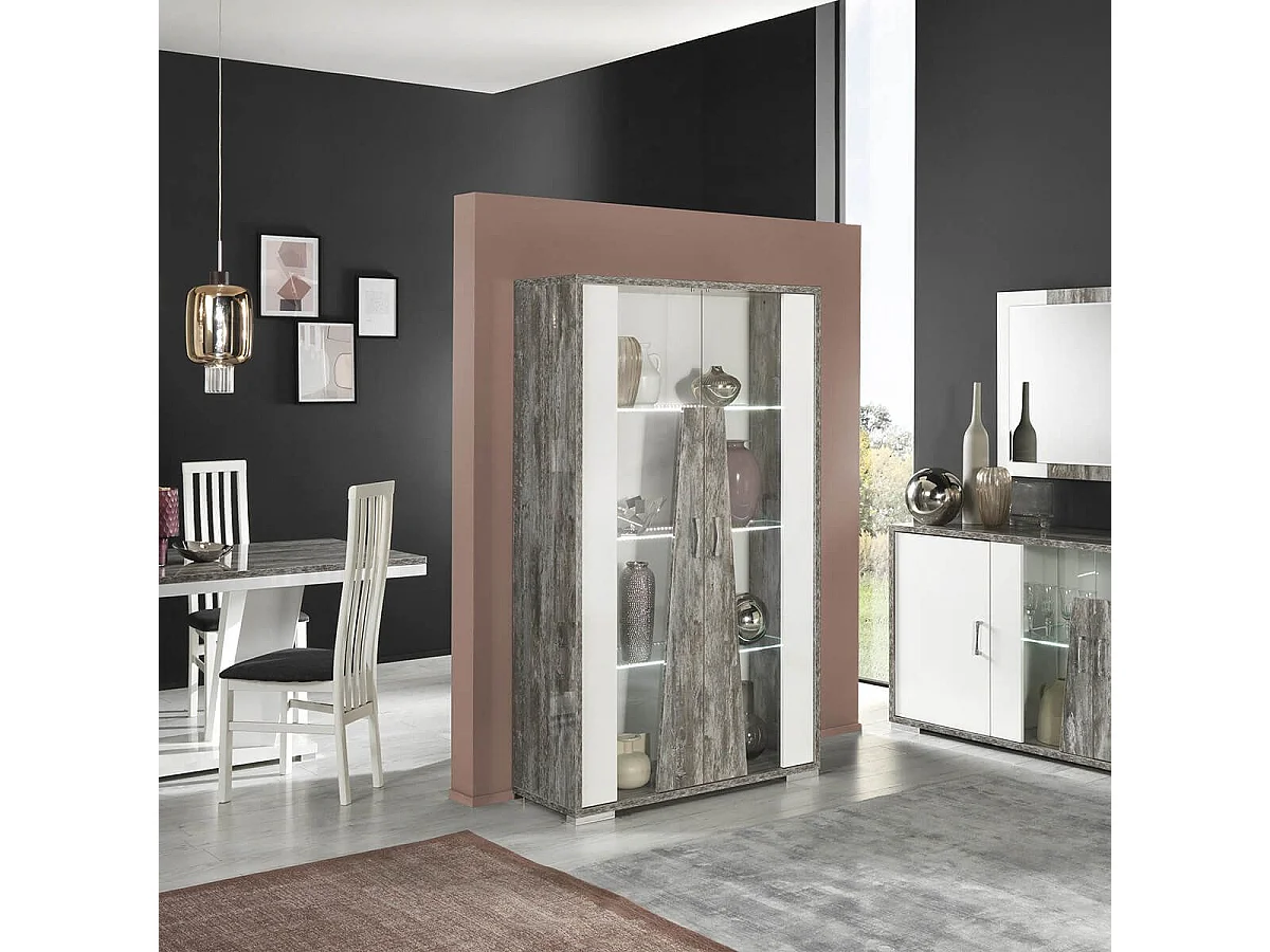 DENYS - Ensemble Séjour Complet Laqué Blanc et Effet Bois Taupe