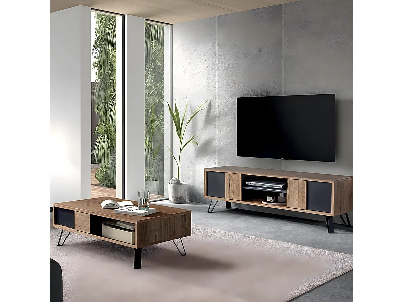 CARSON - Ensemble Salon Meuble TV + Table Basse Piètement Métal A