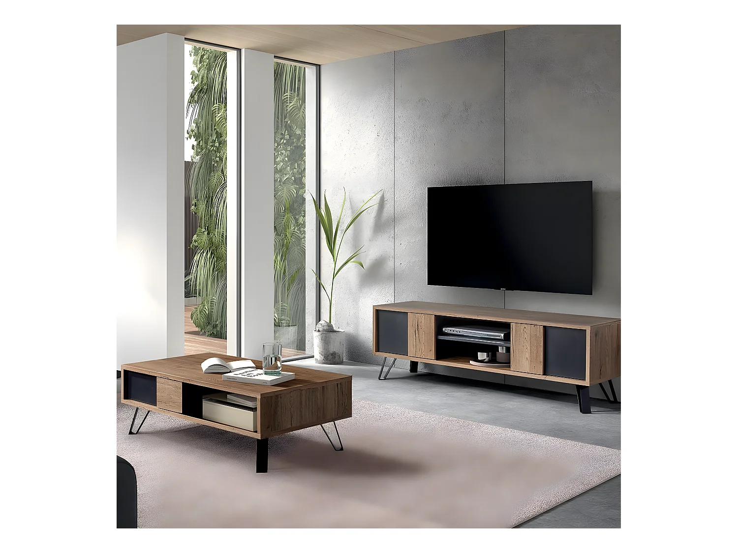 CARSON - Ensemble Salon Meuble TV + Table Basse Piètement Métal A