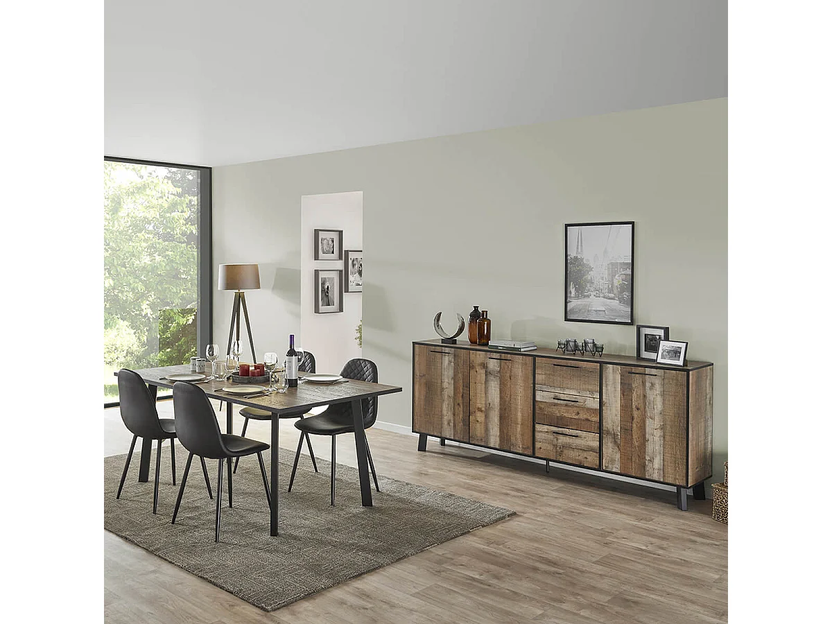 KARMINA - Ensemble Table + Buffet 3 Portes Aspect Bois et Métal
