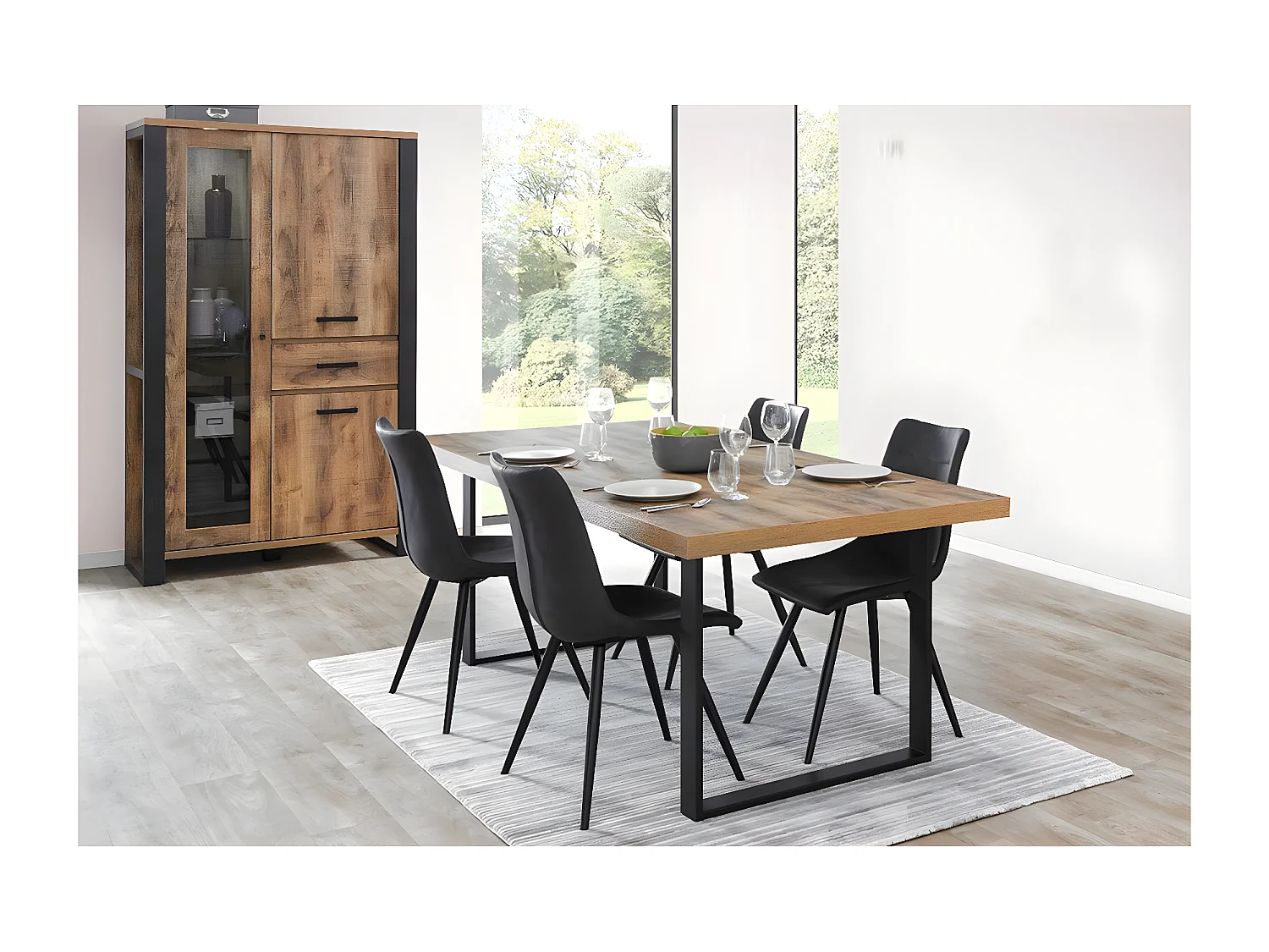 KORA - Ensemble Table 200cm + Vitrine 3 Portes 1 Tiroir