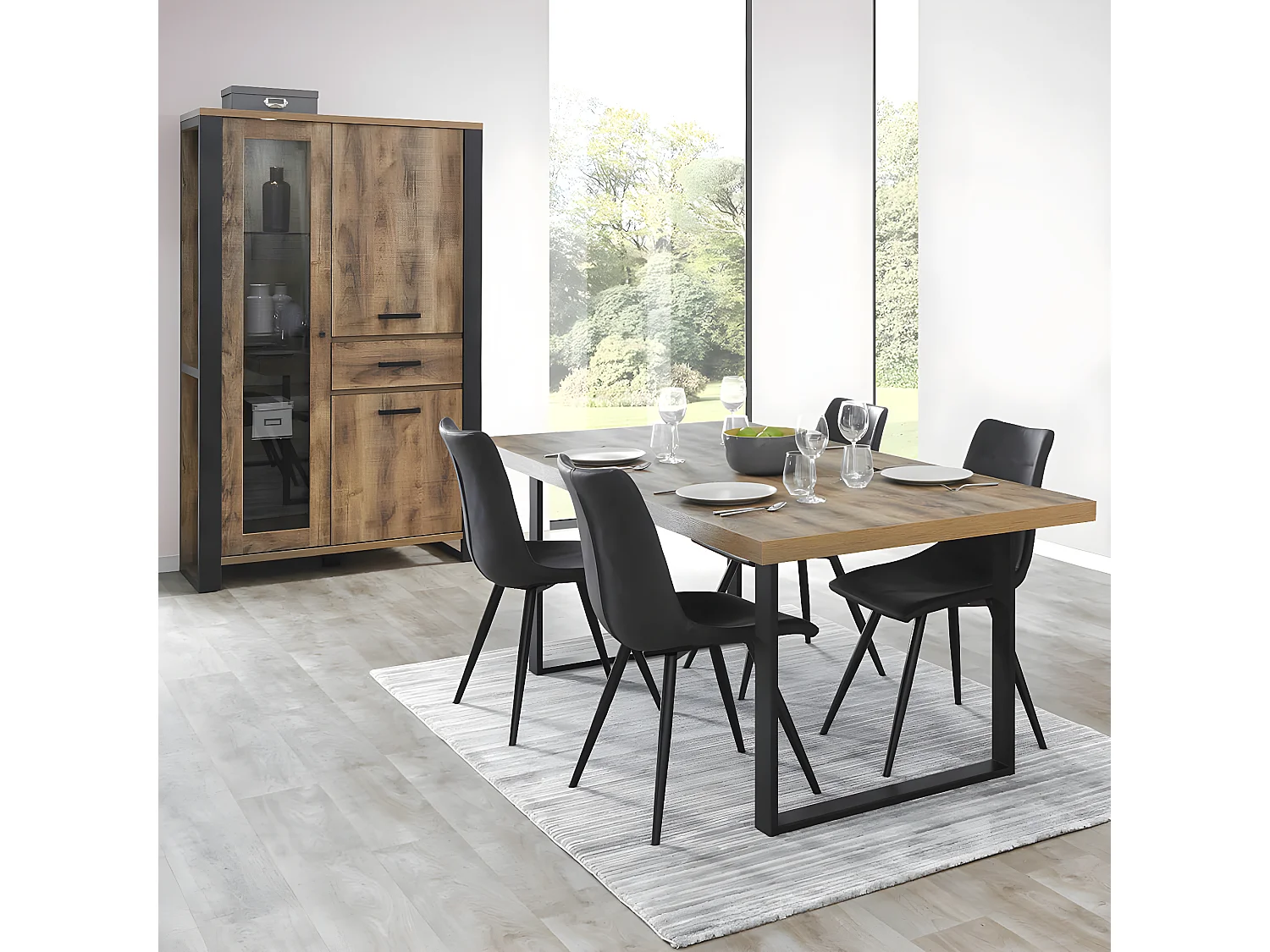 KORA - Ensemble Table 200cm + Vitrine 3 Portes 1 Tiroir