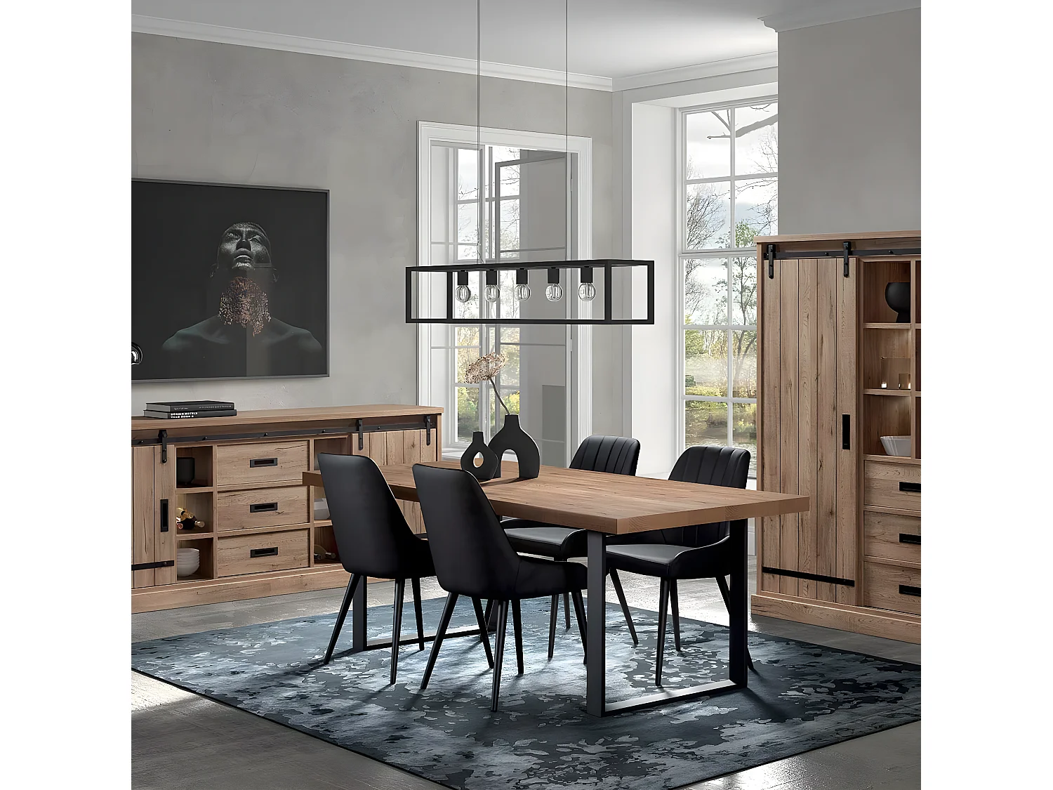 CEDRA - Ensemble Séjour Industriel Complet avec Table 230cm Piètement U