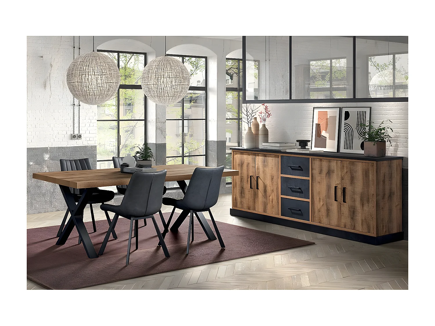 JENNA - Ensemble Table 230cm + Buffet 4 Portes Aspect Bois et Métal
