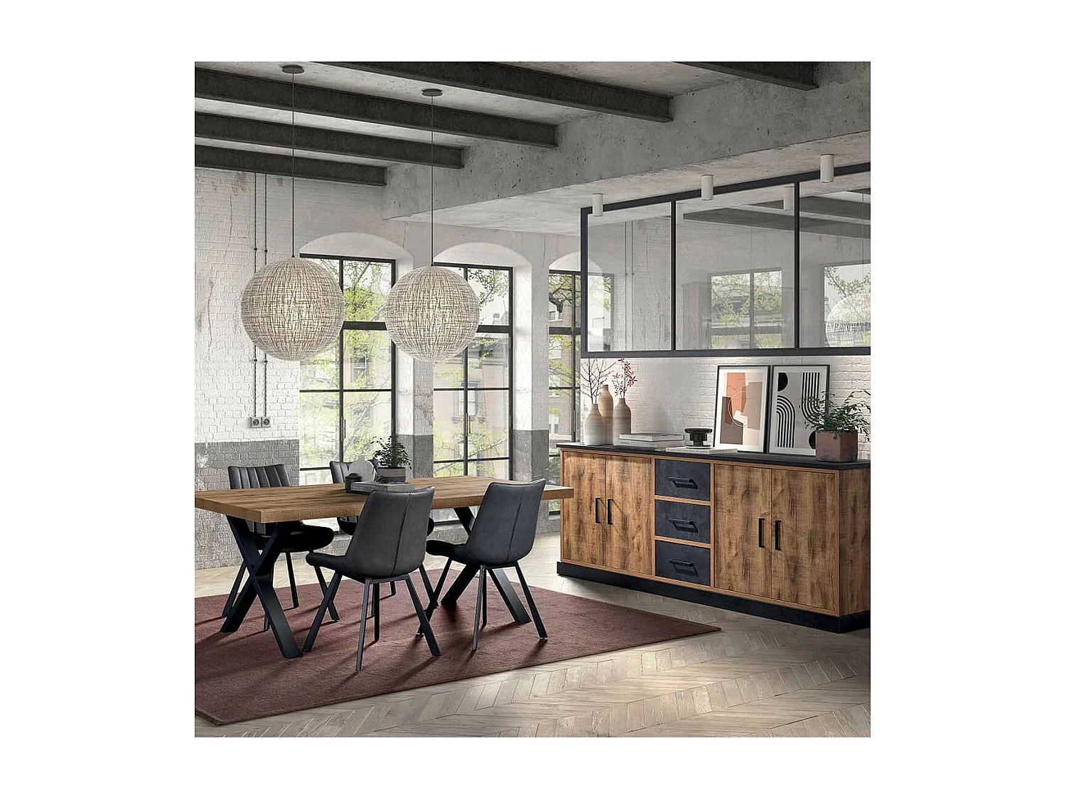 JENNA - Ensemble Table 230cm + Buffet 4 Portes Aspect Bois et Métal