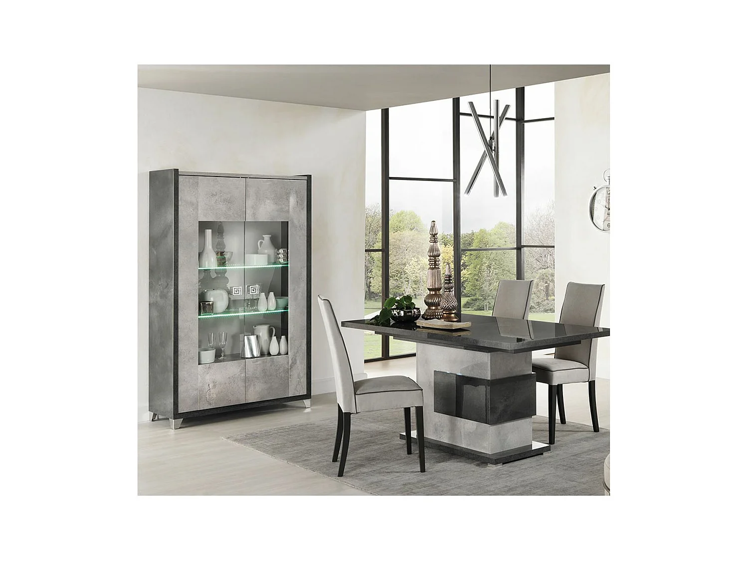 HOFFMAN - Ensemble Vitrine 2P + Table de Repas à Pied Central