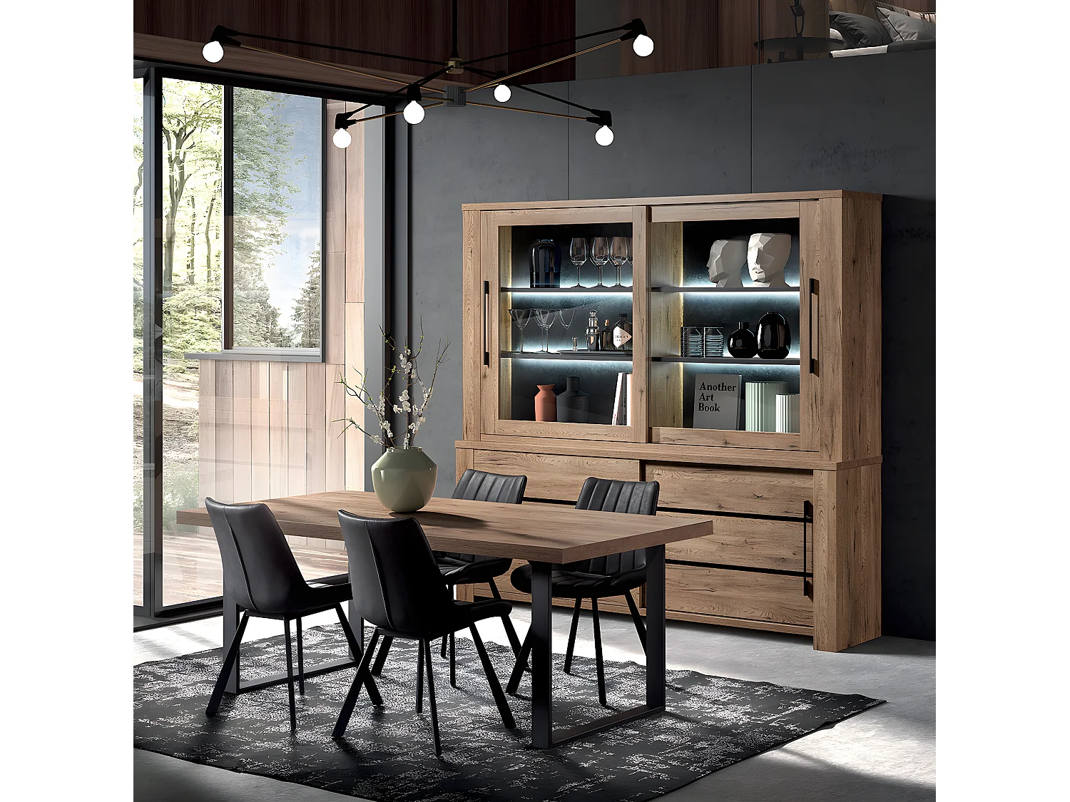 NILLA - Ensemble Buffet-Vaisselier + Table 200cm Aspect Bois