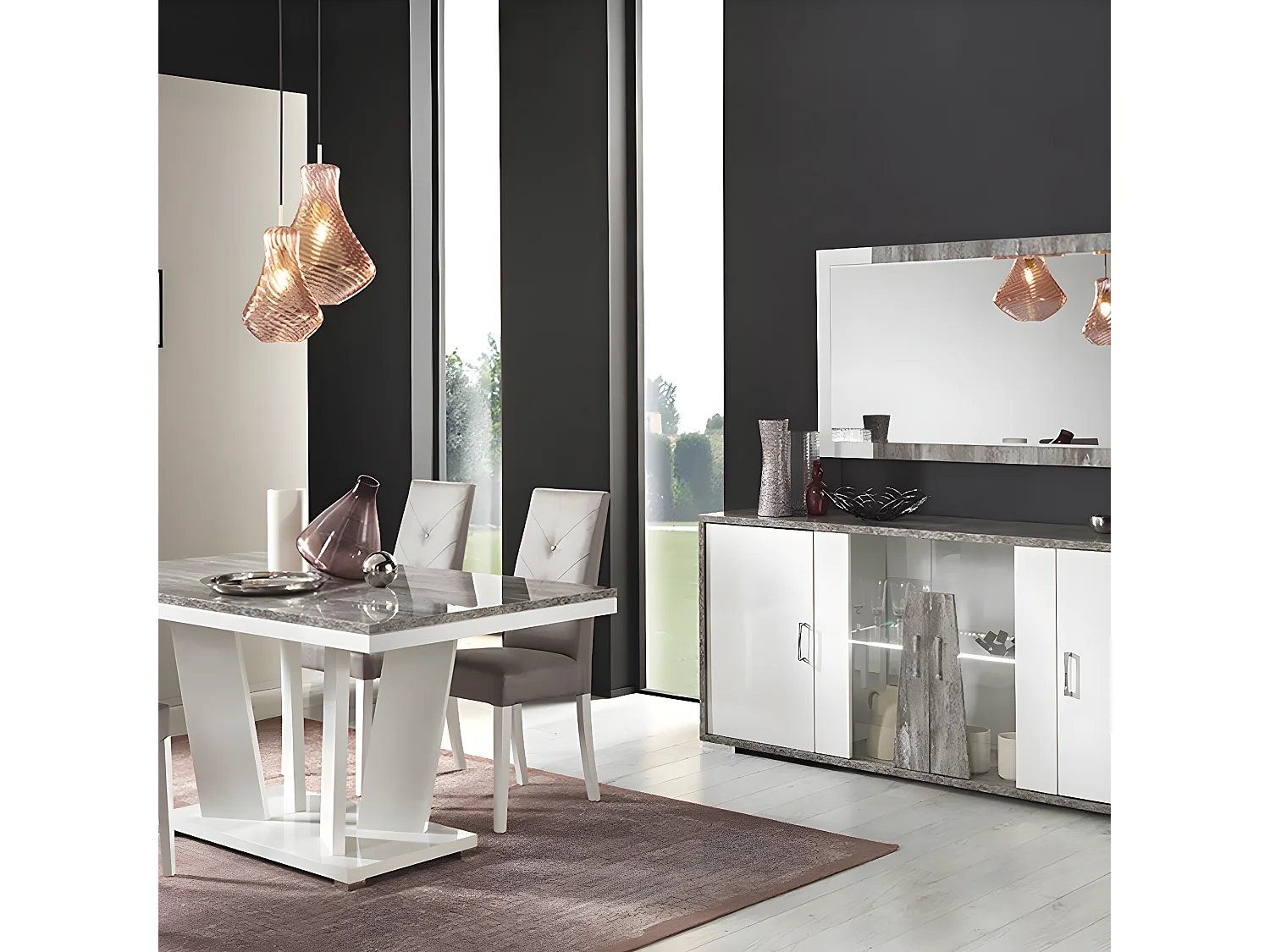 DENYS - Ensemble Séjour Laqué Blanc et Effet Bois Taupe