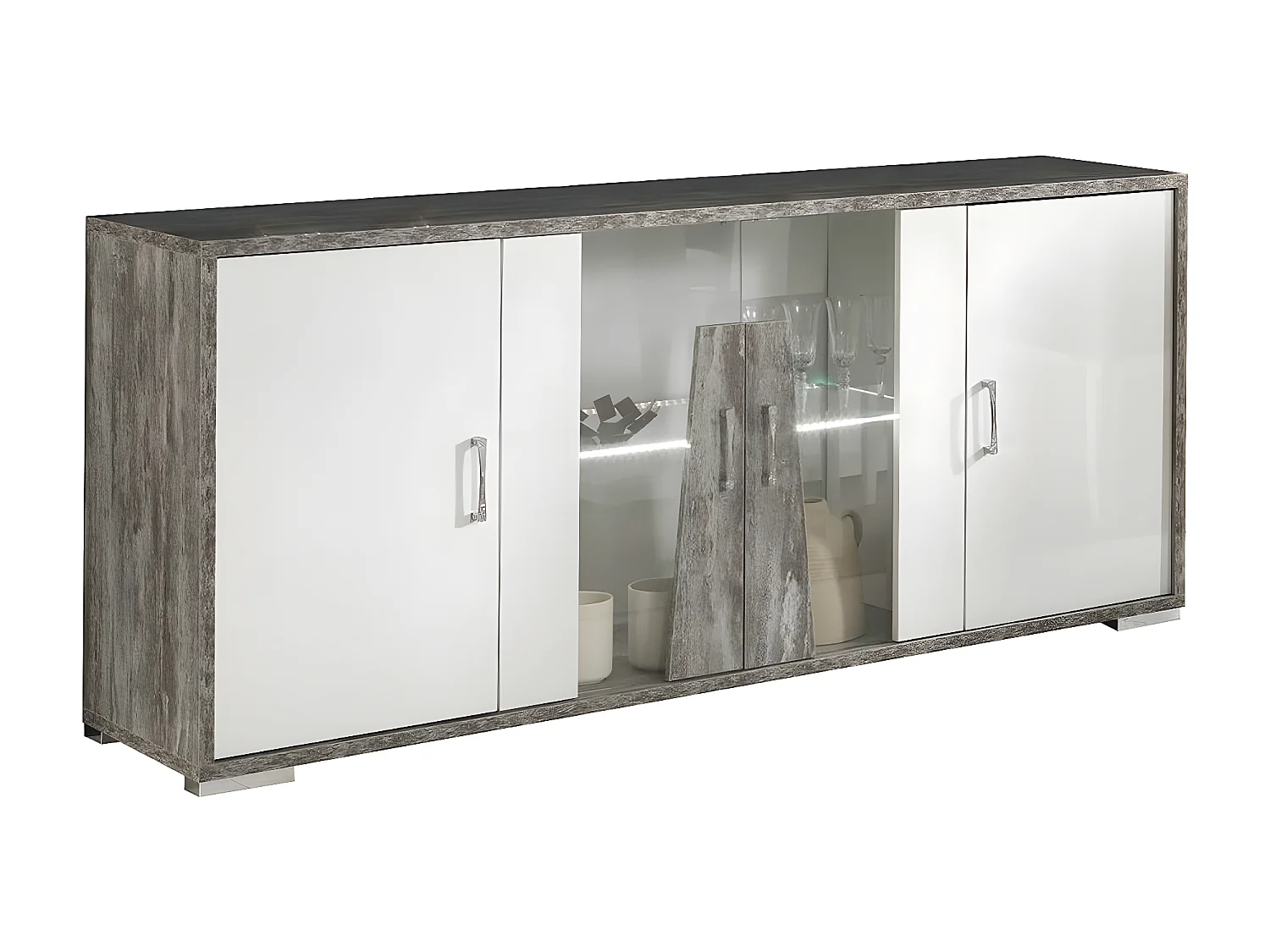 DENYS - Ensemble Séjour Laqué Blanc et Effet Bois Taupe