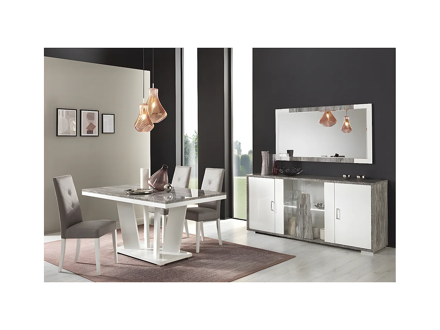 DENYS - Ensemble Séjour Laqué Blanc et Effet Bois Taupe