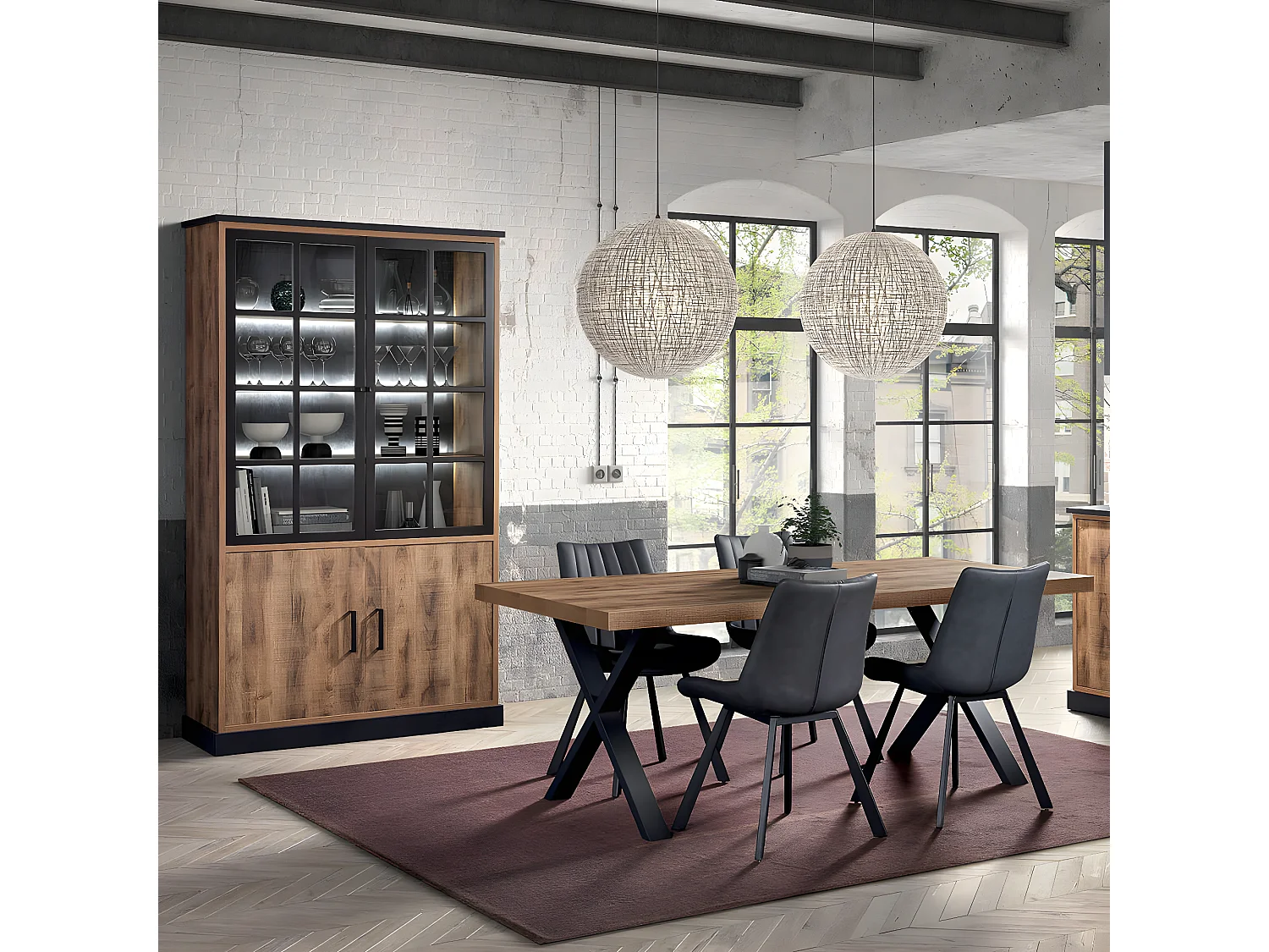 JENNA - Ensemble Table 230cm + Vitrine 4 Portes Aspect Bois et Métal