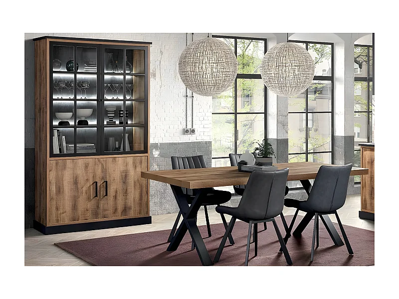 JENNA - Ensemble Table 230cm + Vitrine 4 Portes Aspect Bois et Métal