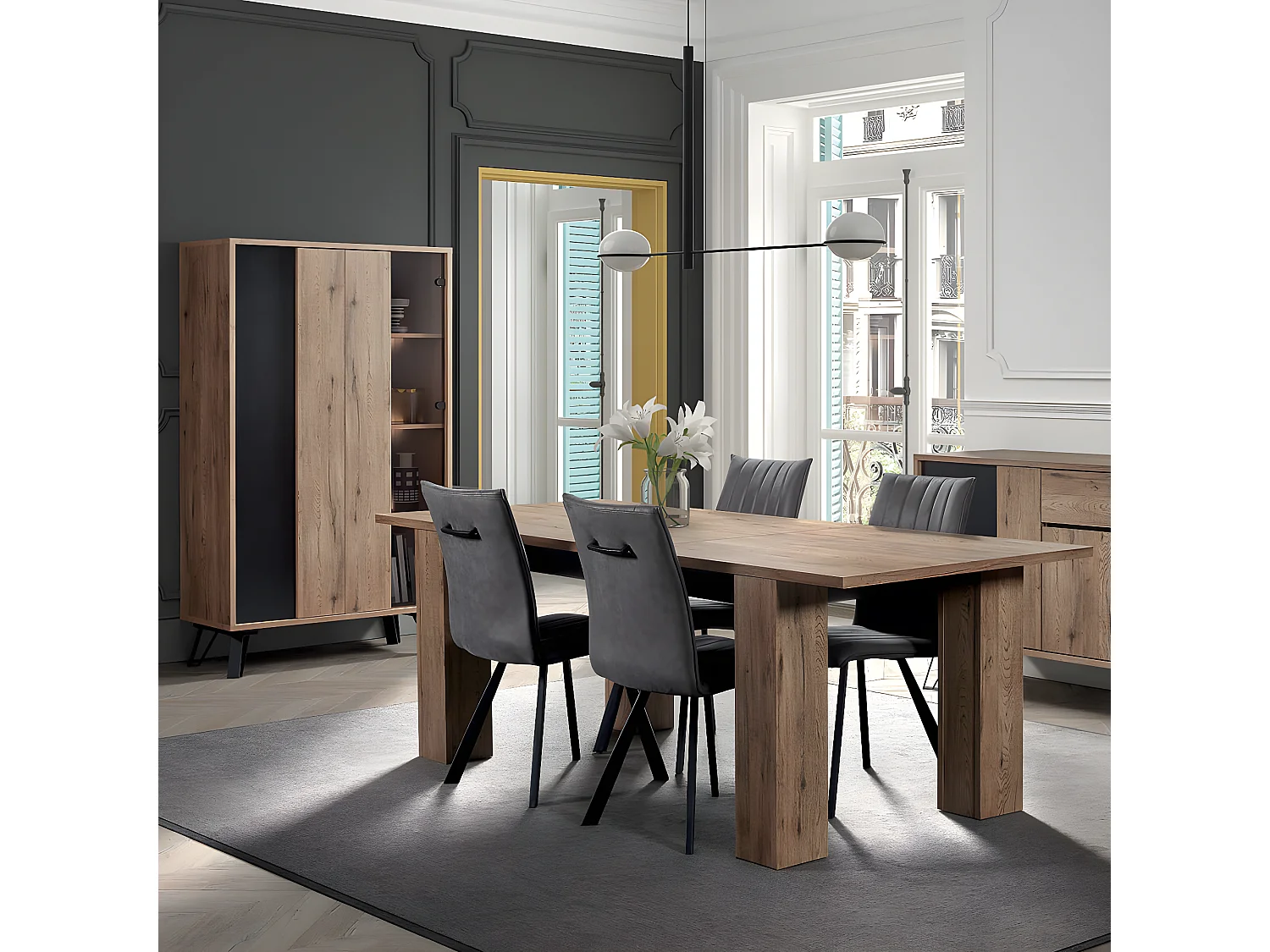 CARSON - Ensemble Argentier + Table Allongeable 180-230cm