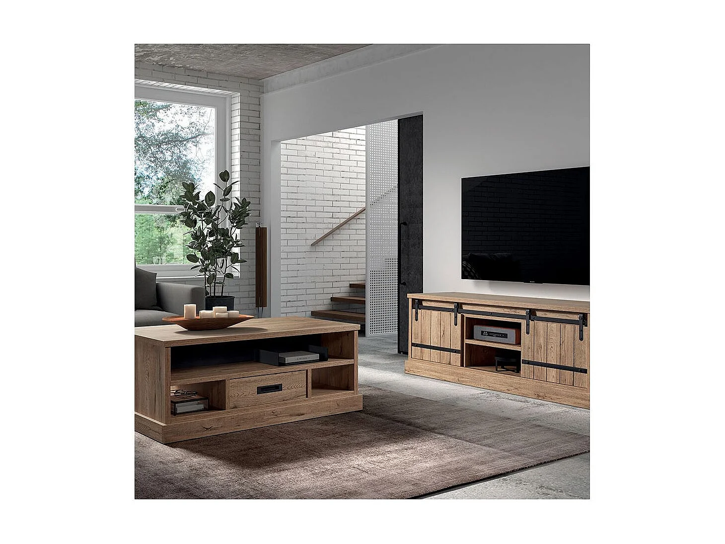 CEDRA - Ensemble Salon Industriel Meuble TV + Table Basse