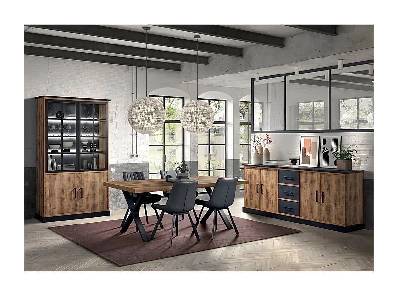 JENNA - Ensemble Séjour Aspect Bois et Métal avec Table 200cm