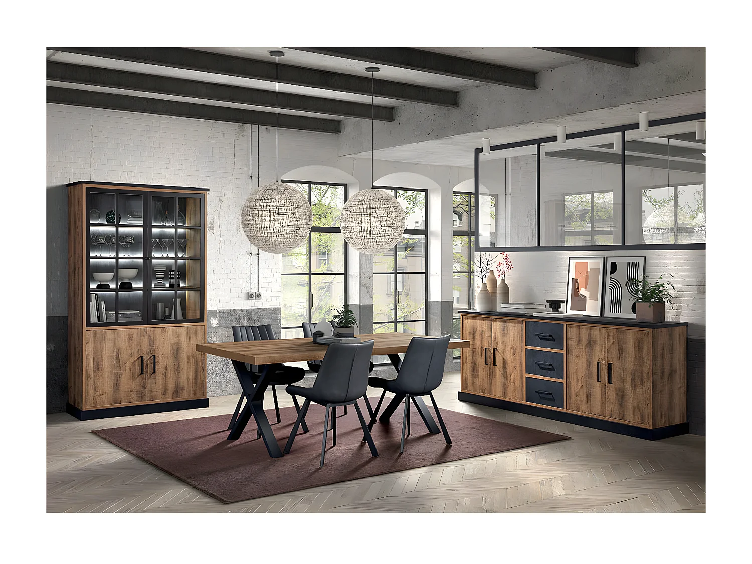 JENNA - Ensemble Séjour Aspect Bois et Métal avec Table 200cm