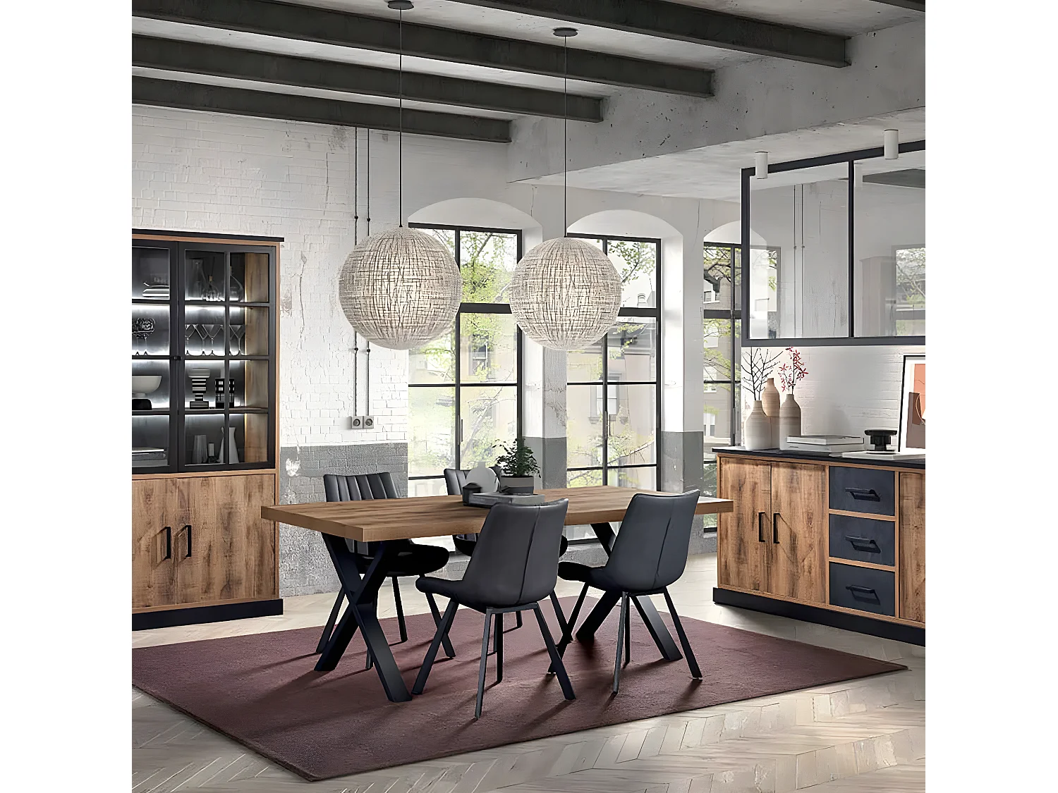 JENNA - Ensemble Séjour Aspect Bois et Métal avec Table 200cm