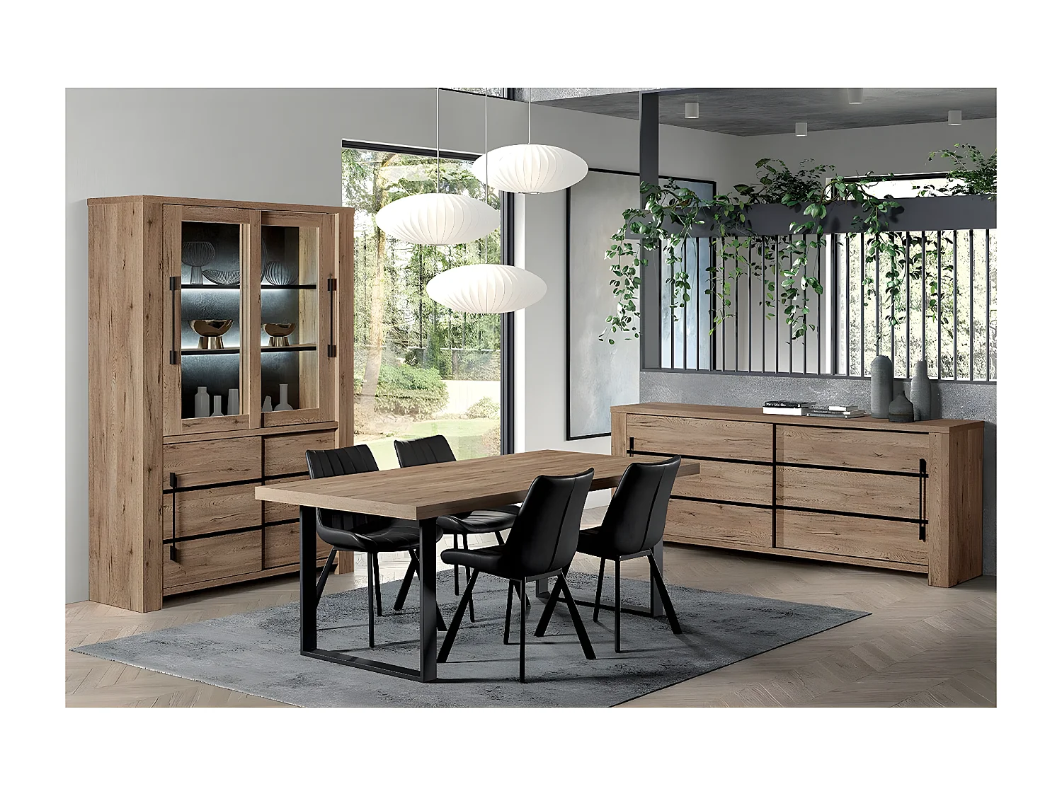 NILLA - Ensemble Buffet + Vitrine + Table 170cm Aspect Bois
