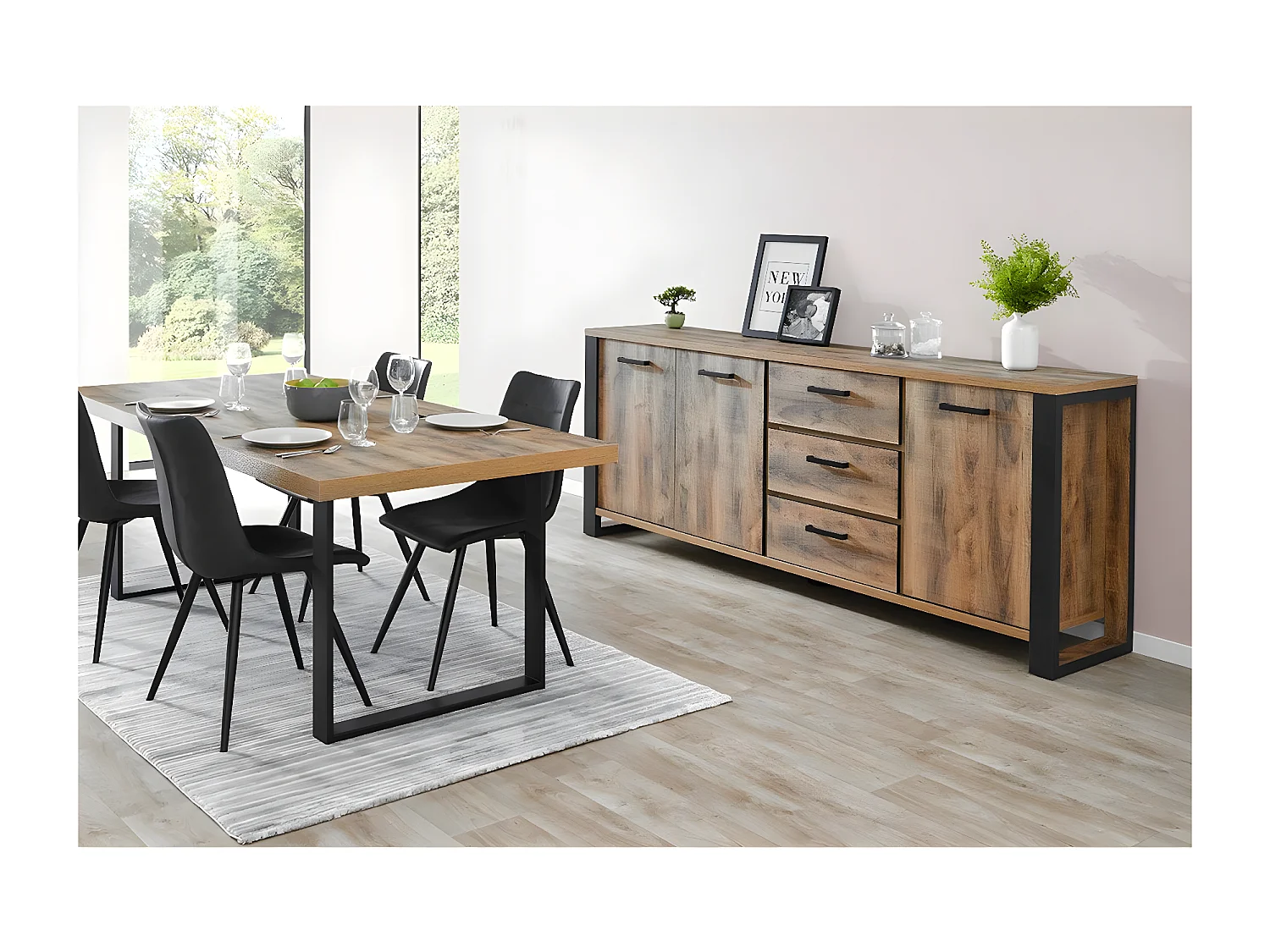 KORA - Ensemble Table 230cm + Buffet 3 Portes 3 Tiroirs